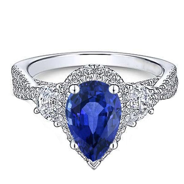 Halo Gemstone Pear Blue Sapphire Ring Twisted Style 4.50 Carats - Gemstone Ring-harrychadent.ca