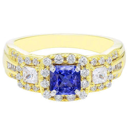 Halo Gemstone Ring Radiant Sapphire 5 Carats 14K Gold Natural Earth Mined Diamonds