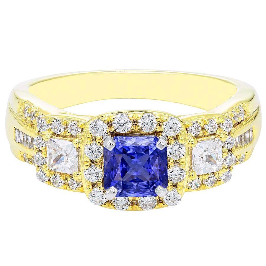 Halo Gemstone Ring Radiant Sapphire 5 Carats 14K Gold Diamonds - Gemstone Ring-harrychadent.ca