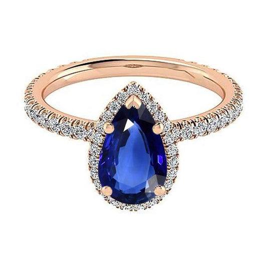 Halo Gold Anniversary Ring Pear Blue Sapphire & Diamonds 5 Carats - Gemstone Ring-harrychadent.ca