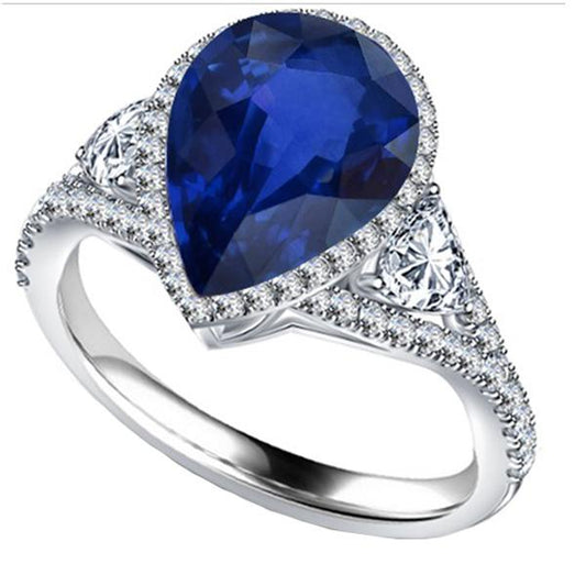 Halo Gold Ring Blue Sapphire With Diamond Side Stones 4.50 Carats - Gemstone Ring-harrychadent.ca