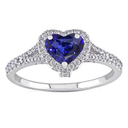 Halo Heart Blue Sapphire Ring Pave Split Shank Natural Earth Mined Diamonds 3.50 Carats