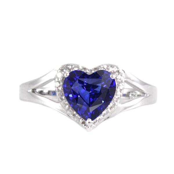 Halo Heart Blue Sapphire Ring Split Shank 2 Carats White Gold Jewelry - Gemstone Ring-harrychadent.ca