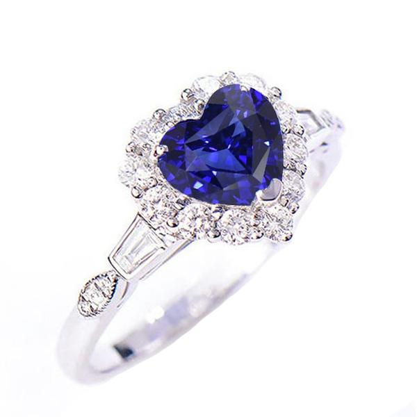 Halo Heart Blue Sapphire Ring With Baguette & Round Diamonds 3 Carats - Gemstone Ring-harrychadent.ca