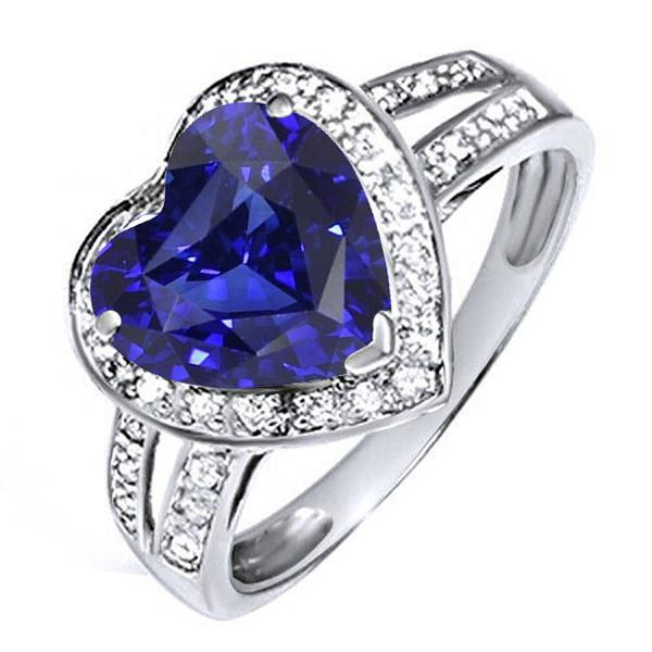 Halo Heart Ceylon Sapphire Ring Split Shank Diamonds 4.50 Carats - Gemstone Ring-harrychadent.ca