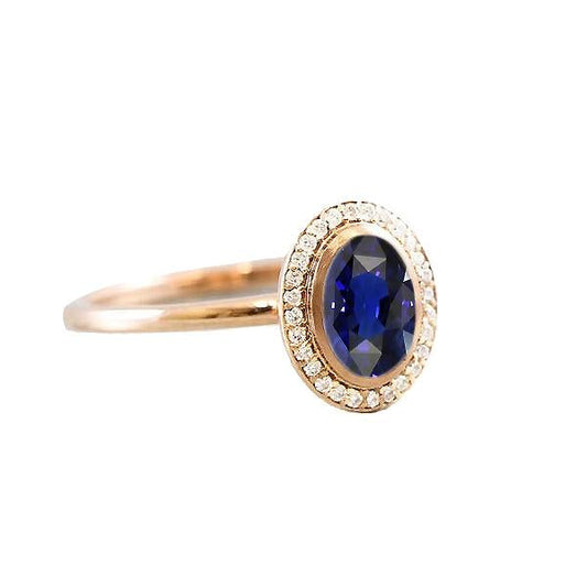 Halo Oval Blue Sapphire Ring & Diamonds 3 Carats Gold - Gemstone Ring-harrychadent.ca