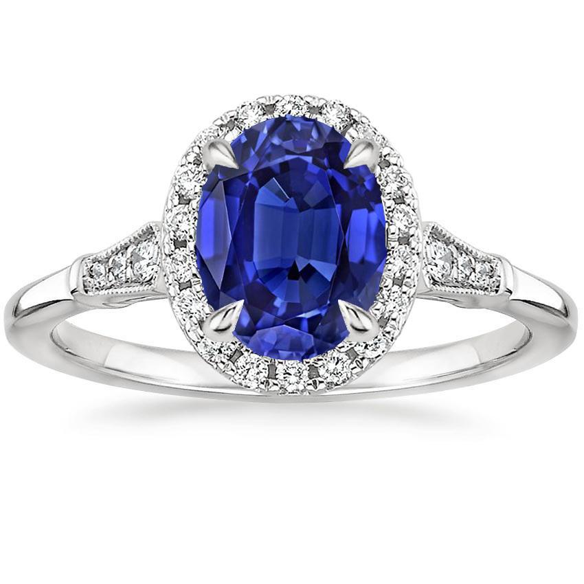 Halo Oval Ceylon Sapphire Anniversary Ring With Accents 4.50 Carats - Gemstone Ring-harrychadent.ca