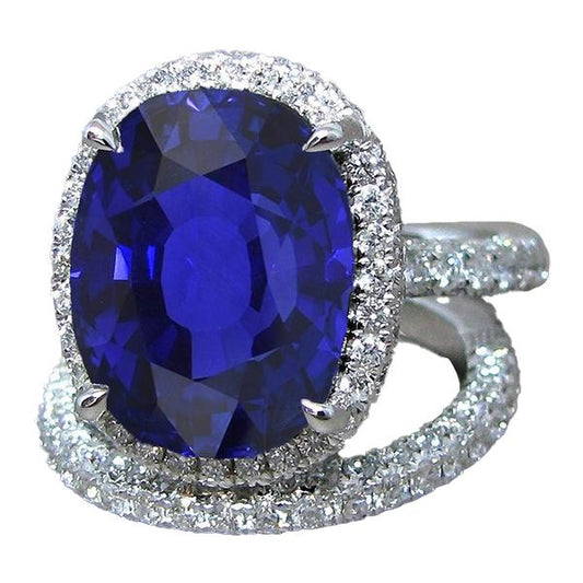 Halo Oval Ceylon Sapphire Wedding Ring Set 7 Carats With Diamond Band - Gemstone Ring-harrychadent.ca