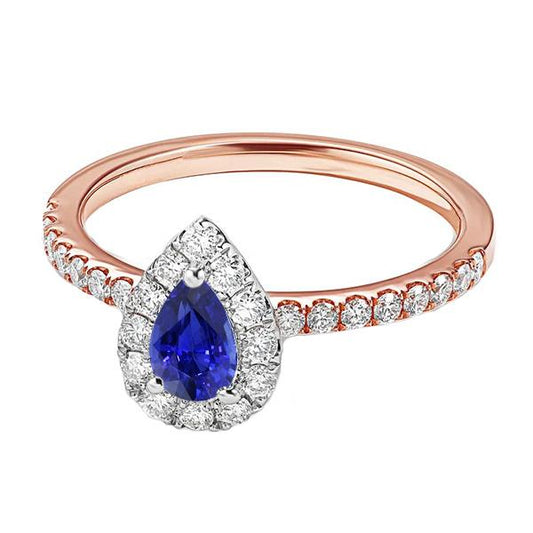 Halo Pave Set Diamond Ring Two Tone Gold Ceylon Sapphire 2.50 Carats - Gemstone Ring-harrychadent.ca