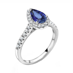 Halo Pear Blue Sapphire & Pave Set Natural Earth Mined Diamond Ring 3 Carats