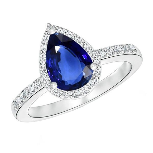 Halo Pear Blue Sapphire Ring & Diamonds 3.25 Carats White Gold 14K - Gemstone Ring-harrychadent.ca