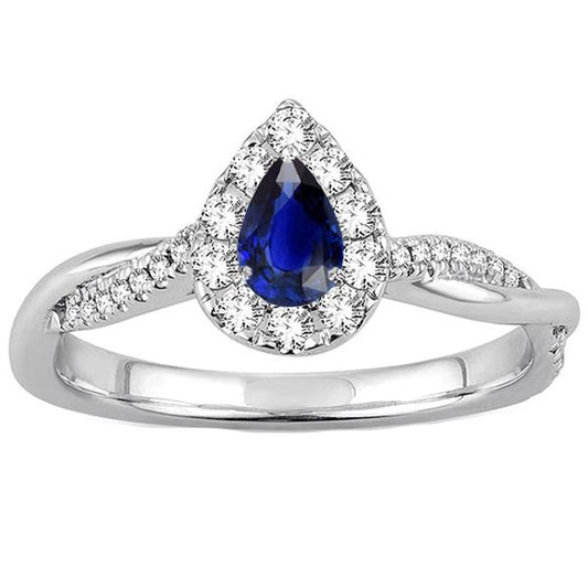 Halo Pear Blue Sapphire Ring Twist Style Round Diamonds 3.50 Carats - Gemstone Ring-harrychadent.ca