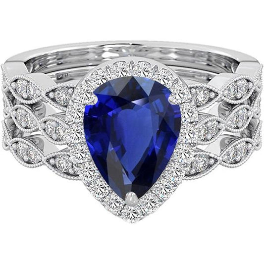 Halo Pear Cut Wedding Ring Set Blue Sapphire Vintage Style 4.50 Carats - Gemstone Ring-harrychadent.ca