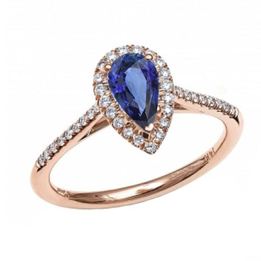 Halo Pear Natural Blue Sapphire Ring 14K Rose Gold 3 Carats Diamonds - Gemstone Ring-harrychadent.ca