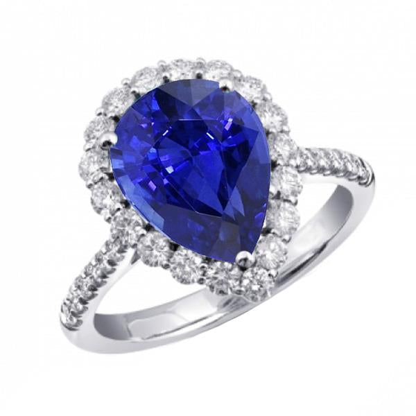 Halo Pear Shaped Blue Sapphire & Round Diamond Ring 5 Carats - Gemstone Ring-harrychadent.ca