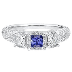 Halo Princess Sapphire Ring Prong Set Milgrain Shank Natural Earth Mined Diamonds 3 Carats