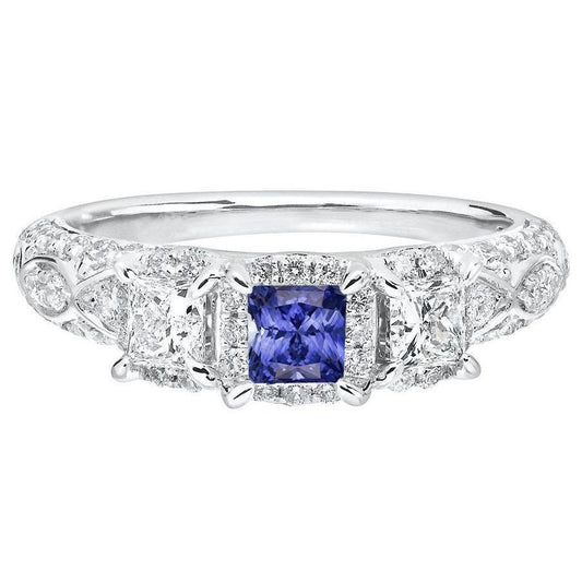 Halo Princess Sapphire Ring Prong Set Milgrain Shank Diamonds 3 Carats - Gemstone Ring-harrychadent.ca