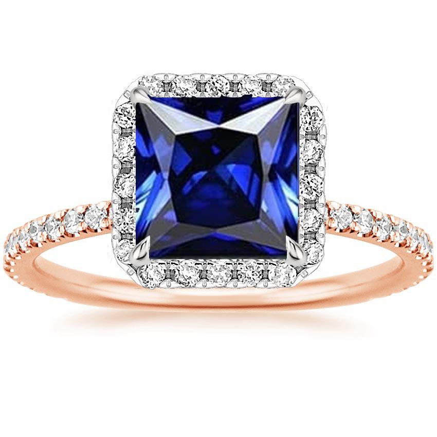 Halo Princess Sapphire Ring Two Tone Pave Diamond Accents 6.25 Carats - Gemstone Ring-harrychadent.ca