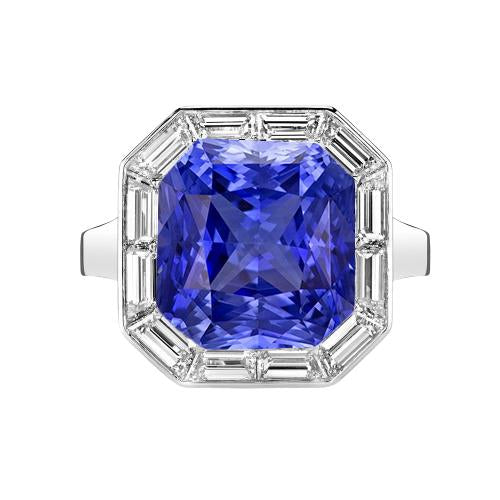 Halo Radiant Blue Sapphire Ring & Baguette Diamonds 3.50 Carats - Gemstone Ring-harrychadent.ca