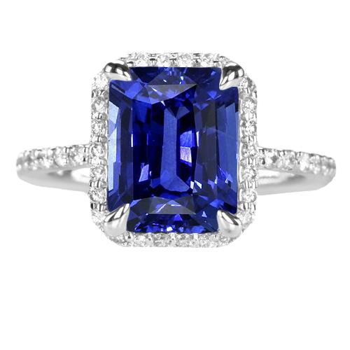 Halo Emerald Ceylon Sapphire Ring Prong Set Diamonds 4.50 Carats - Gemstone Ring-harrychadent.ca