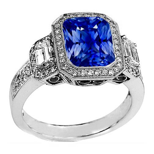 Halo Radiant Sapphire Ring Milgrain Shank Baguette Diamonds 4 Carats - Gemstone Ring-harrychadent.ca