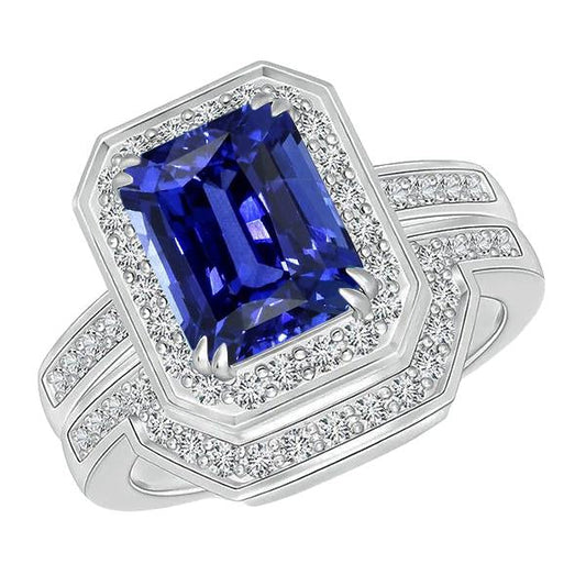 Halo Emerald Sapphire Wedding Ring Set White Gold Diamonds 4.50 Carats - Gemstone Ring-harrychadent.ca