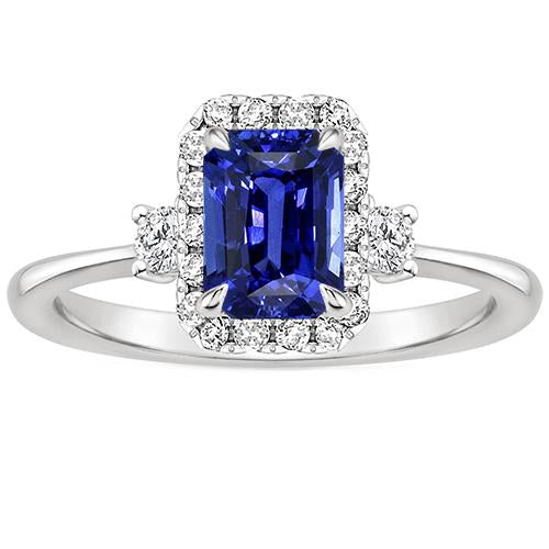 Halo Ring 3 Stones Radiant Blue Sapphire & Diamond 4.50 Carats - Gemstone Ring-harrychadent.ca