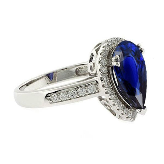 Halo Ring Antique Style Pear Ceylon Sapphire & Diamonds 3.75 Carats - Gemstone Ring-harrychadent.ca
