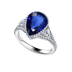 Halo Ring Bezel Set Pear Blue Sapphire & Natural Earth Mined Diamond Accents 4 Carats