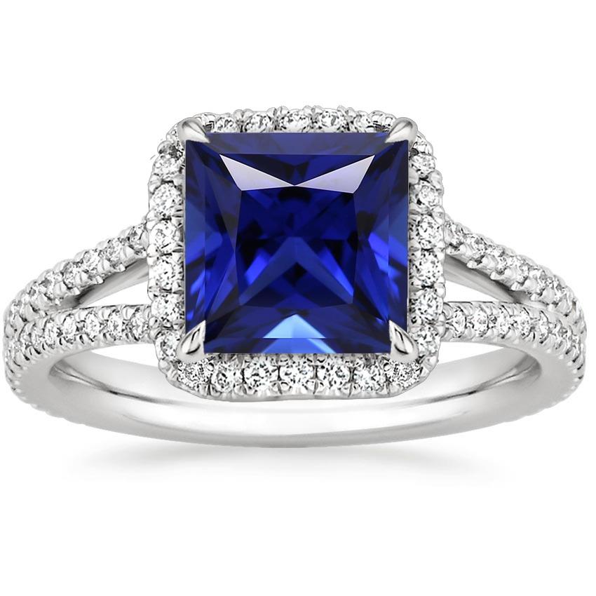 Halo Ring Blue Sapphire and Diamond 6.5 Carat Princess with Accent - Gemstone Ring-harrychadent.ca
