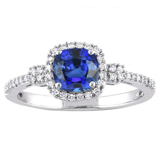 Halo Ring Cushion Ceylon Sapphire Prong Set Diamonds 3.50 Carats - Gemstone Ring-harrychadent.ca