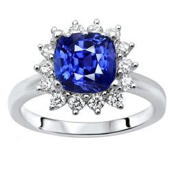 Halo Ring Cushion Sapphire & Round Natural Earth Mined Diamonds Star Style 3.50 Carats
