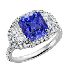 Halo Ring Cushion Sapphire With Half Moon & Round Natural Earth Mined Diamond 4.50 Carats