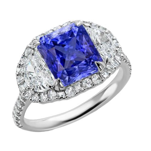 Halo Ring Cushion Sapphire With Half Moon & Round Diamond 4.50 Carats - Gemstone Ring-harrychadent.ca