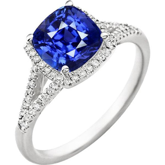 Halo Ring Cushion Sri Lankan Sapphire 4 Carats Split Shank Jewelry - Gemstone Ring-harrychadent.ca