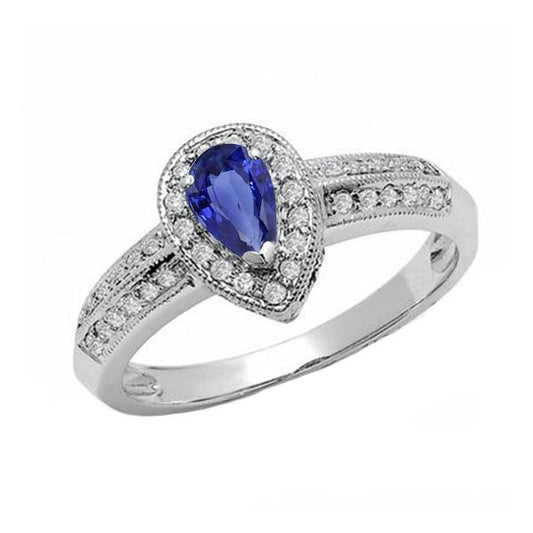 Halo Ring Double Shank Pear Blue Sapphire & Diamonds 2 Carats - Gemstone Ring-harrychadent.ca