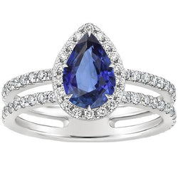 Halo Ring Double Shank Pear Blue Sapphire & Natural Earth Mined Diamonds 4.50 Carats
