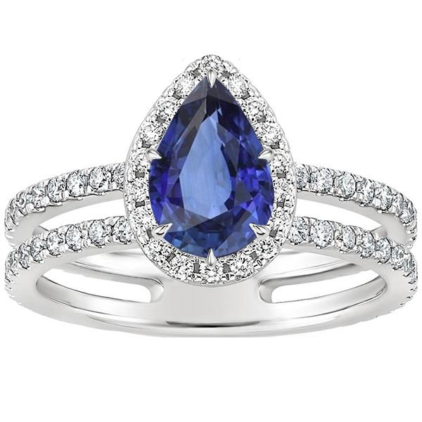 Halo Ring Double Shank Pear Blue Sapphire & Diamonds 4.50 Carats - Gemstone Ring-harrychadent.ca
