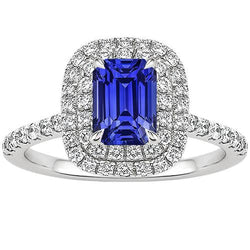 Halo Ring Emerald Blue Sapphire & Natural Earth Mined Diamond 5 Carats White Gold 14K