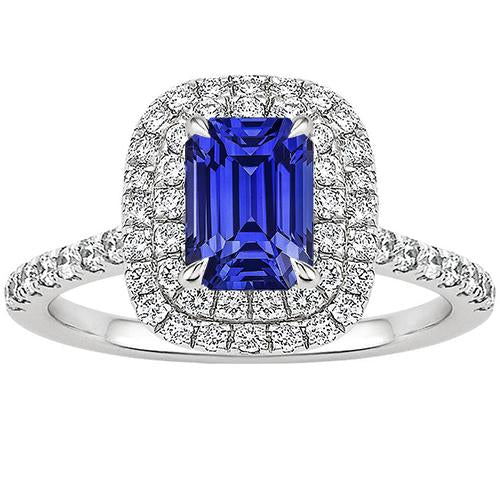 Halo Ring Emerald Blue Sapphire & Diamond 5 Carats White Gold 14K - Gemstone Ring-harrychadent.ca