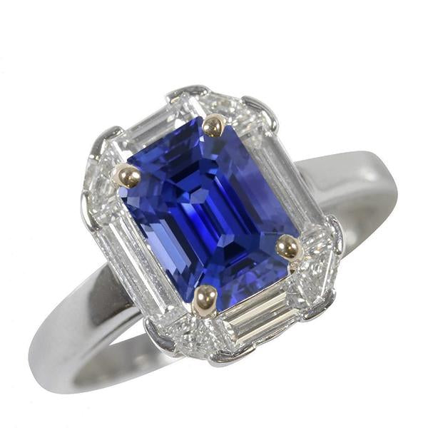 Halo Ring Emerald Blue Sapphire Trillion & Baguette Diamonds 3 Carats - Gemstone Ring-harrychadent.ca