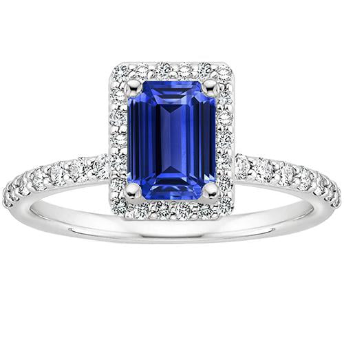 Halo Ring Emerald Ceylon Sapphire & Diamond 4.25 Carats White Gold 14K - Gemstone Ring-harrychadent.ca