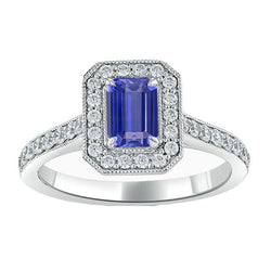 Halo Ring Emerald Sapphire & Diamonds 3 Carats White Gold Milgrain