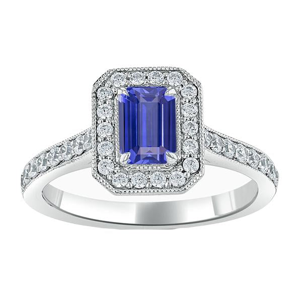 Halo Ring Emerald Sapphire & Diamonds 3 Carats White Gold Milgrain - Gemstone Ring-harrychadent.ca