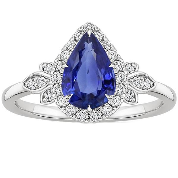 Halo Ring Floral Style Pear Sri Lankan Sapphire & Diamonds 4 Carats - Gemstone Ring-harrychadent.ca