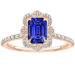 Halo Ring Flower Style Emerald Blue Sapphire & Natural Earth Mined Diamond 4.25 Carats