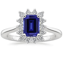 Halo Ring Flower Style Emerald Ceylon Sapphire & Natural Earth Mined Diamond 4.50 Carats