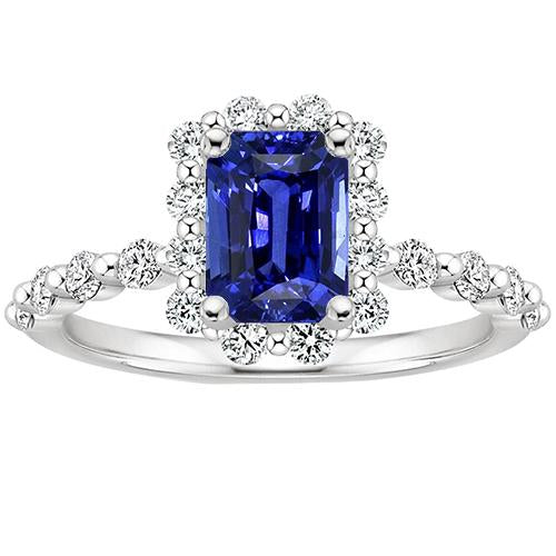 Halo Ring Flower Style Radiant Blue Sapphire & Diamond 4.25 Carats - Gemstone Ring-harrychadent.ca