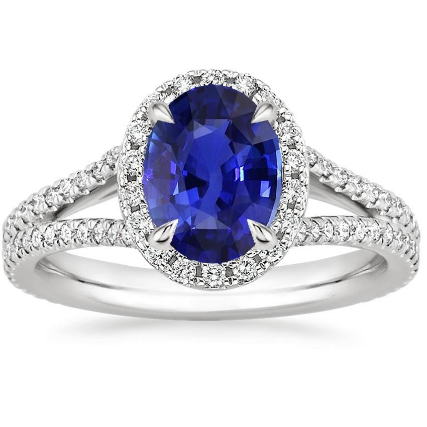 Halo Ring Oval Ceylon Sapphire & Diamonds V Split Shank 4 Carats - Gemstone Ring-harrychadent.ca