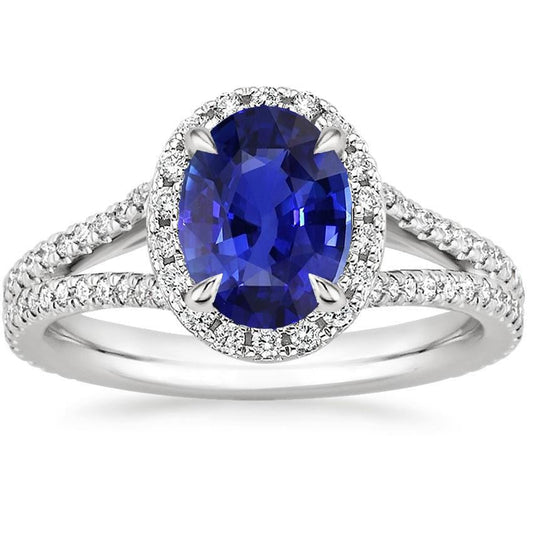 Halo Ring Oval Ceylon Sapphire & Diamonds V Split Shank 4 Carats - Gemstone Ring-harrychadent.ca